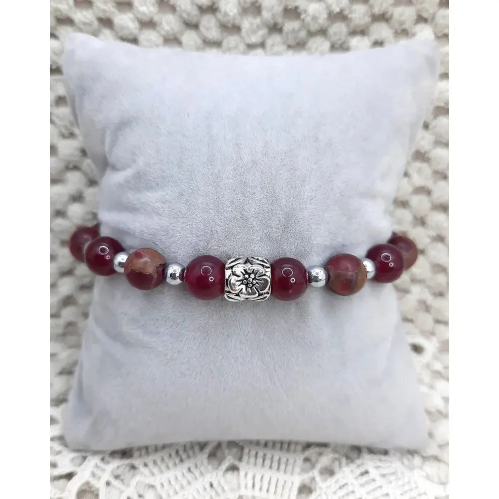 Artisan Apple Jasper Bracelet Natural Beaded Stretch Tibetan Silver Spacer NEW